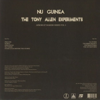 Contraportada del vinilo Nu Guinea – The Tony Allen Experiments con tracklist y créditos, edición LP Mini-Álbum de Comet Records.