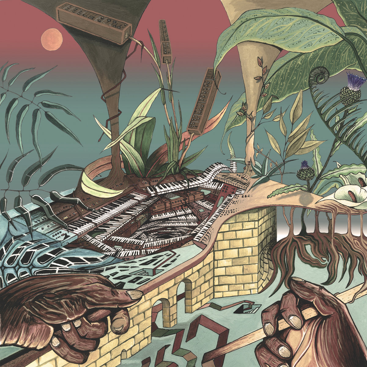 Portada del vinilo Nu Guinea – The Tony Allen Experiments: ilustración surreal con teclados, plantas y manos, arte detallado en LP Mini-Álbum de Comet Records.
