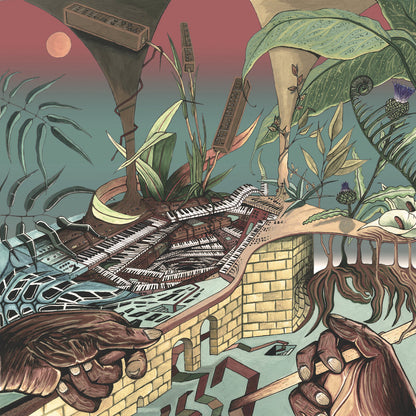 Portada del vinilo Nu Guinea – The Tony Allen Experiments: ilustración surreal con teclados, plantas y manos, arte detallado en LP Mini-Álbum de Comet Records.