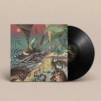 Funda y vinilo Nu Guinea – The Tony Allen Experiments: disco negro saliendo de la portada ilustrada, edición LP Mini-Álbum de Comet Records.
