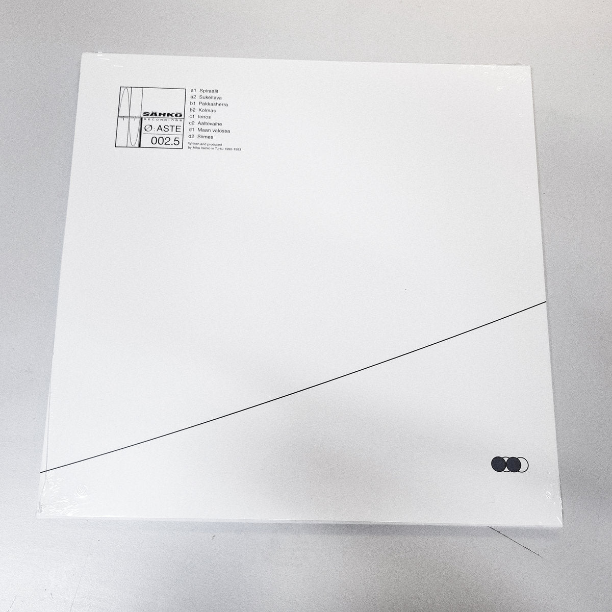 Contraportada del vinilo Ø – Aste con lista de pistas, logo de Sähkö Recordings y diseño limpio ideal para coleccionistas.