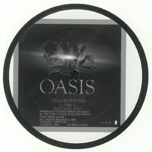 Portada delantera del vinilo Oasis – Thirteen / Two / Eight (12" FXHE Record). Incluye el logotipo del sello y detalles sobre la producción y mezcla de Oasis en Detroit.