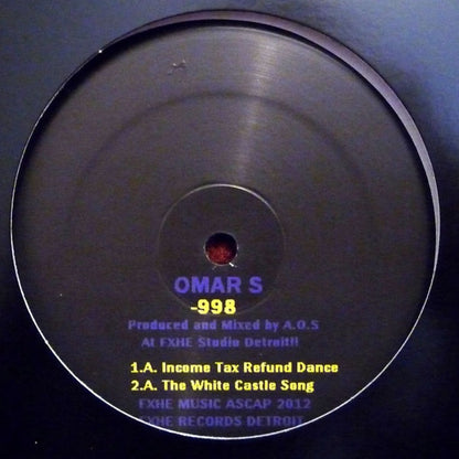 Portada delantera del vinilo Omar S - 998, con canciones "Income Tax Refund Dance" y "The White Castle Song".