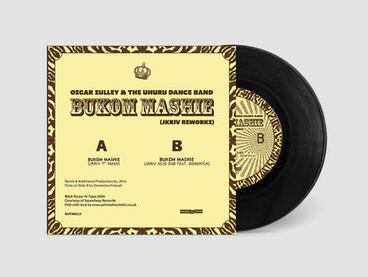 Contraportada del vinilo Oscar Sulley & The Uhuru Dance Band – Bukom Mashie (JKriv Reworks), mostrando lista de pistas lado A y B, créditos de producción y sello Razor-N-Tape 45 en formato 7", 45 RPM.