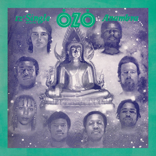 Portada del vinilo Ozo – Anambra con marco turquesa y arte psicodélico centrado en una figura budista rodeada por los rostros de los músicos.