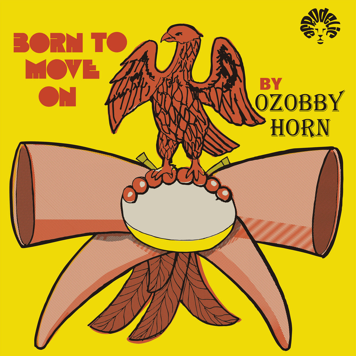 Portada del vinilo Ozobby Horn – Born To Move, ilustración amarilla con ave sobre tambor y arte gráfico del sello Afrodelic.