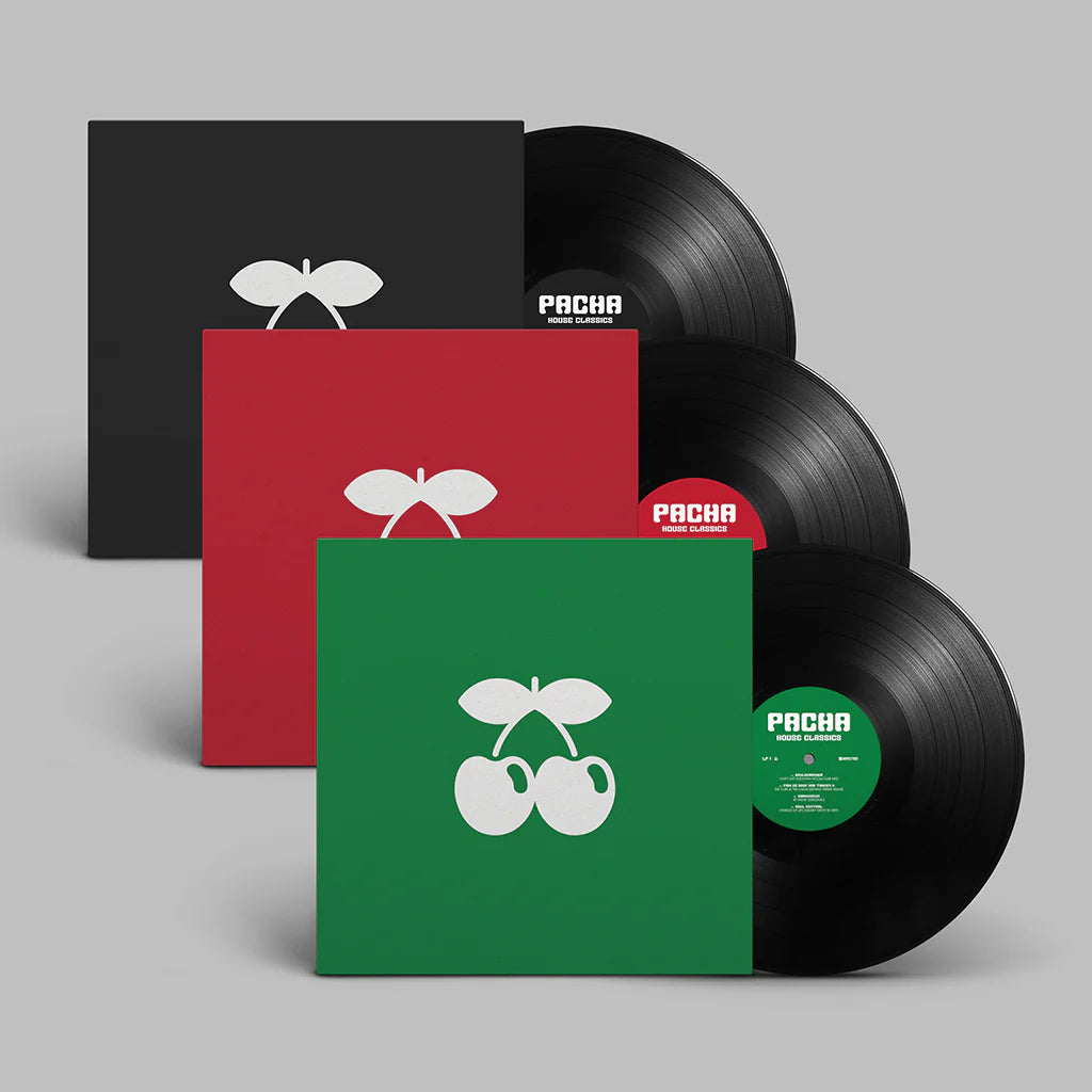 Vista de los tres vinilos 12" de Varios Artistas – Pacha House Classics dentro de fundas verde, roja y negra.