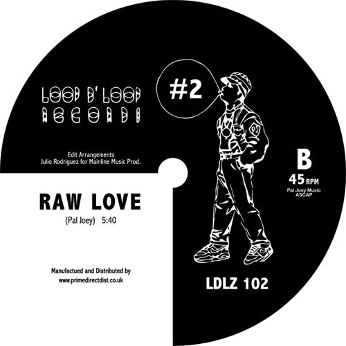 Portada trasera del vinilo de Pal Joey – #2 bajo el sello Loop D' Loop, reedición en formato 12". Texto impreso: Lado B con el tema “Raw Love” (5:40), 45 RPM, incluye los mismos créditos y código LDLZ 102.