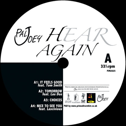 Etiqueta central del lado A del vinilo Pal Joey – Hear Again mostrando las 4 pistas con créditos, BPM y catálogo PJM2025.