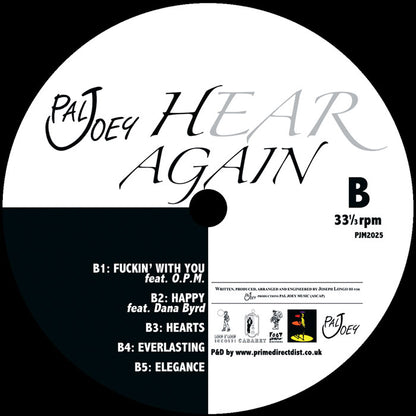 Etiqueta del lado B del vinilo Pal Joey – Hear Again con listado de 5 temas, colaboradores, sello Pal Joey Music y diseño clásico en blanco y negro.