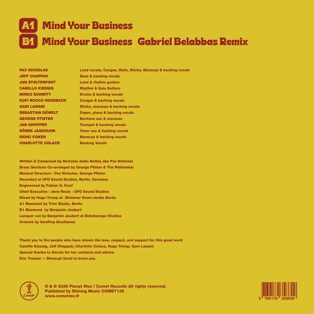 Contraportada del vinilo Pax Nicholas – Mind Your Business, con tracklist A1/B1, créditos, sello Comet y código de barras.