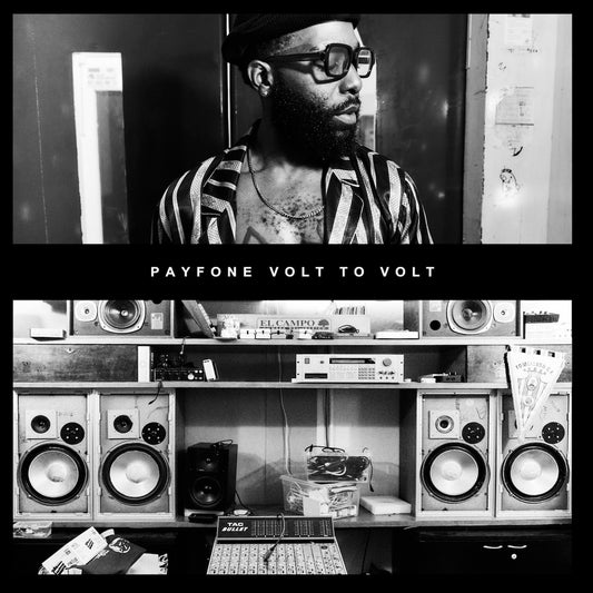 Portada delantera del vinilo Payfone – Volt To Volt editado por Otis Records en 12". Diseño en blanco y negro con retrato y estudio de sonido.