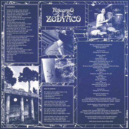 Inserto interior del vinilo Pellegrino & Zodyaco – Morphé con letras de canciones, créditos de grabación y fotos de la banda en estudio y en directo.