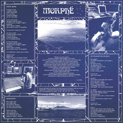 Segundo inserto del vinilo Pellegrino & Zodyaco – Morphé con letras completas, fotos en blanco y negro y dedicatorias desde Nápoles y Berlín.