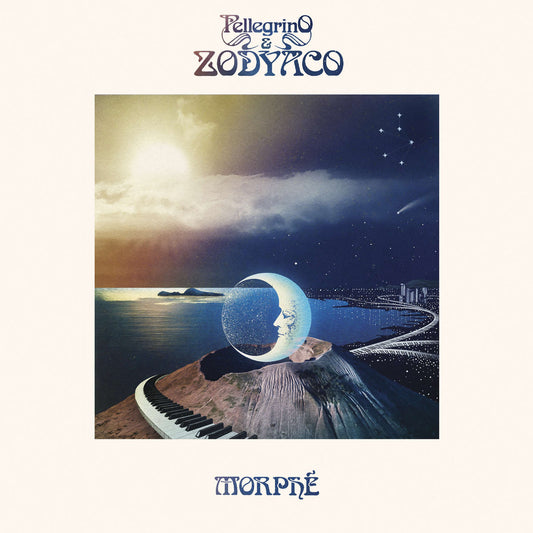 Portada del vinilo Pellegrino & Zodyaco – Morphé con arte surrealista de un paisaje nocturno, luna reflejada en el mar y un teclado que se curva sobre la montaña.