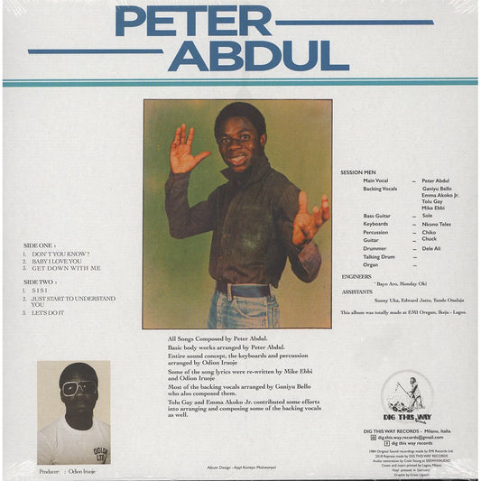 Contraportada del vinilo Peter Abdul – Get Down With Me con foto del artista, créditos, lista de temas y sello Dig This Way Records.