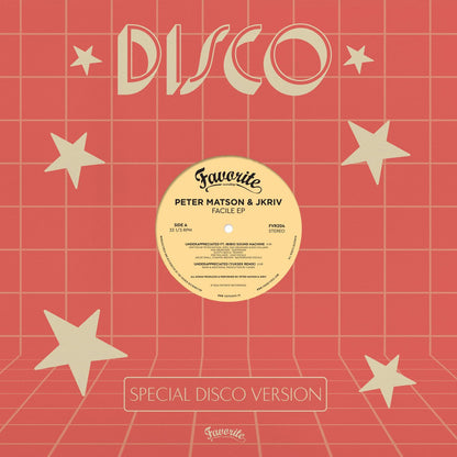 Portada de vinilo Peter Matson & JKriv – Facile EP 12" en Favorite Recordings, diseño rojo con estrellas, grid retro y texto “Disco”.