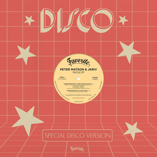Portada de vinilo Peter Matson & JKriv – Facile EP 12" en Favorite Recordings, diseño rojo con estrellas, grid retro y texto “Disco”.
