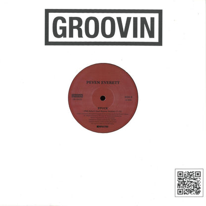 Contraportada del vinilo Peven Everett – Stuck, reedición 12" de Groovin Recordings con etiqueta central roja del lado B y código QR en la esquina inferior.