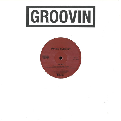 Portada del vinilo Peven Everett – Stuck, reedición 12" de Groovin Recordings con diseño blanco minimalista y etiqueta central roja del lado A.