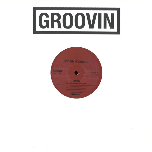 Portada del vinilo Peven Everett – Stuck, reedición 12" de Groovin Recordings con diseño blanco minimalista y etiqueta central roja del lado A.
