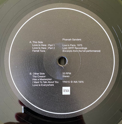 Lado A del vinilo Pharoah Sanders – Live In Paris (1975) (Lost ORTF Recordings), etiqueta con temas y catálogo TRS15.