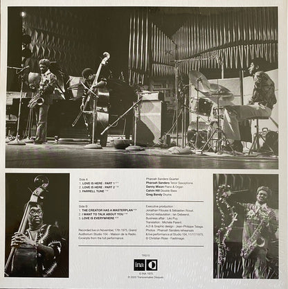 Contraportada del vinilo Pharoah Sanders – Live In Paris (1975) (Lost ORTF Recordings), con fotos, temas y créditos.