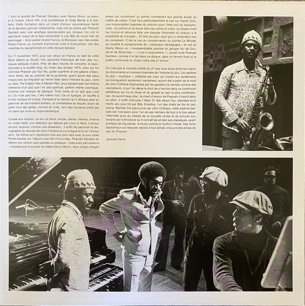 Segundo insert interior del vinilo Pharoah Sanders – Live In Paris (1975) (Lost ORTF Recordings), con texto y fotos.