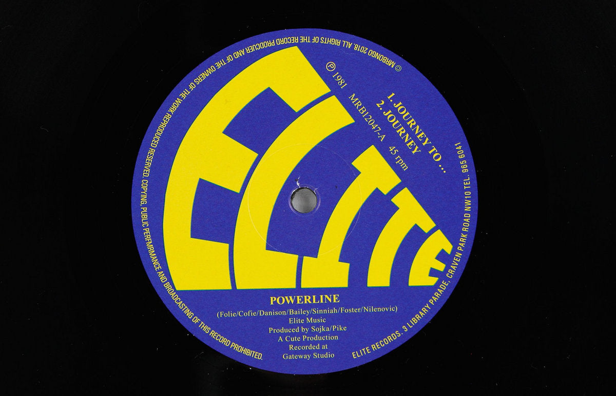 Lado A del vinilo Powerline – Journey / Double Journey: etiqueta Elite azul y amarilla con “Journey To...” y “Journey”.