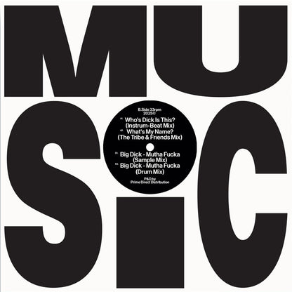 Contraportada del vinilo Princess Di – Who's Dick Is This? / What's My Name / Big Dick - Mutha Fucka en 12", sello Wolf Music Recordings, con diseño tipográfico centrado sobre fondo blanco y créditos de producción.