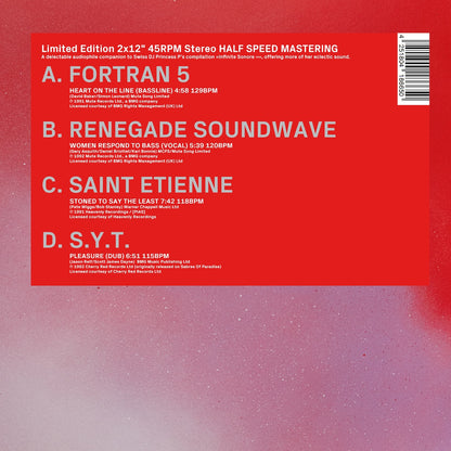 Portada del vinilo Varios Artistas – Princess P presents: Fortran 5, Renegade Soundwave, Saint Etienne, S.Y.T., 2x12 pulgadas compilación Princess P con tracklist, BPM y créditos visibles en diseño rojo intenso.