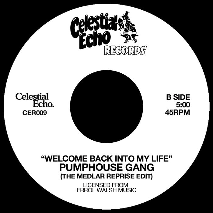 Lado B del vinilo Pumphouse Gang – Welcome Back Into My Life, Celestial Echo, 5:00, 45RPM, indica Medlar Reprise Edit y CER009.