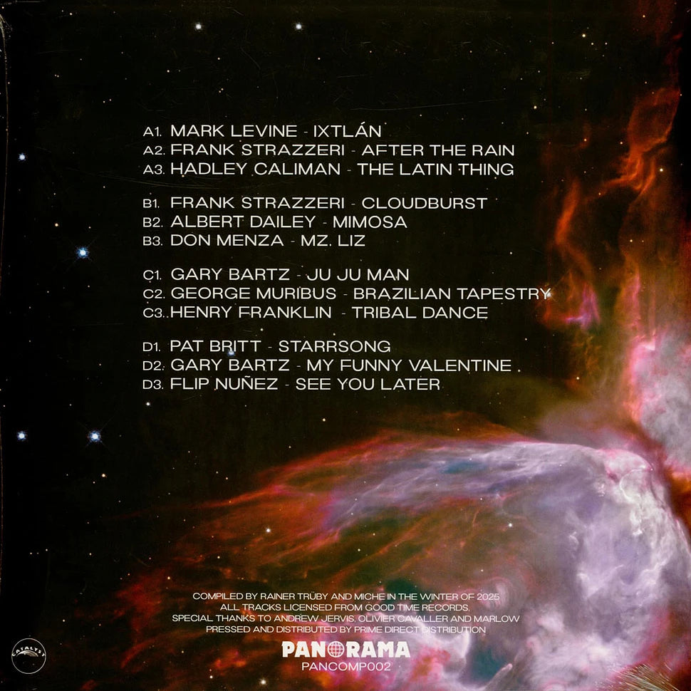 Contraportada del vinilo Rainer Trüby & Miche – The Catalyst Files con listado completo de pistas, fondo espacial y referencia Panorama PANCOMP002.