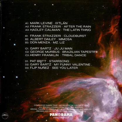 Contraportada del vinilo Rainer Trüby & Miche – The Catalyst Files con listado completo de pistas, fondo espacial y referencia Panorama PANCOMP002.