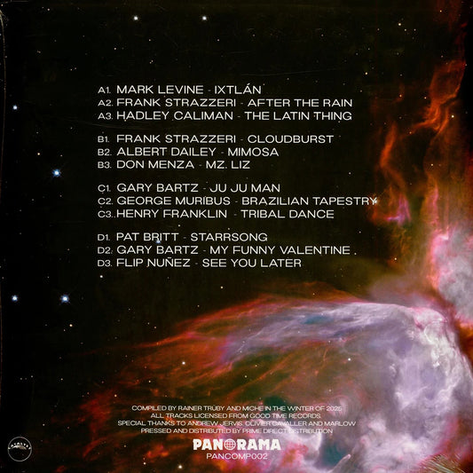 Contraportada del vinilo Rainer Trüby & Miche – The Catalyst Files con listado completo de pistas, fondo espacial y referencia Panorama PANCOMP002.
