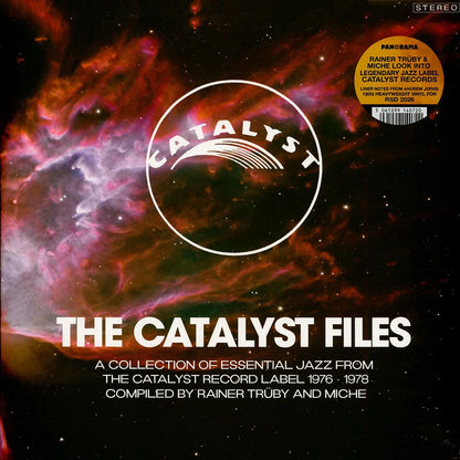 Portada del vinilo Rainer Trüby & Miche – The Catalyst Files, arte cósmico con logo Catalyst y adhesivo informativo de Panorama 2x LP 180g.