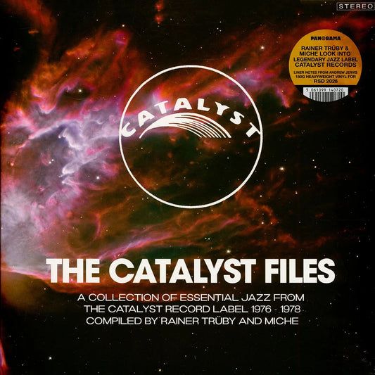 Portada del vinilo Rainer Trüby & Miche – The Catalyst Files, arte cósmico con logo Catalyst y adhesivo informativo de Panorama 2x LP 180g.
