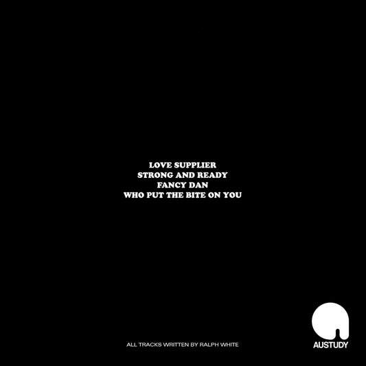 Portada trasera del vinilo Ralph White – DISCO lanzado por Austudy Records en formato 12". Incluye lista de temas y crédito completo al artista.