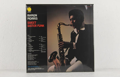 Contraportada del vinilo Ramon Morris – Sweet Sister Funk, con fotografía del saxofonista, lista de pistas y créditos.