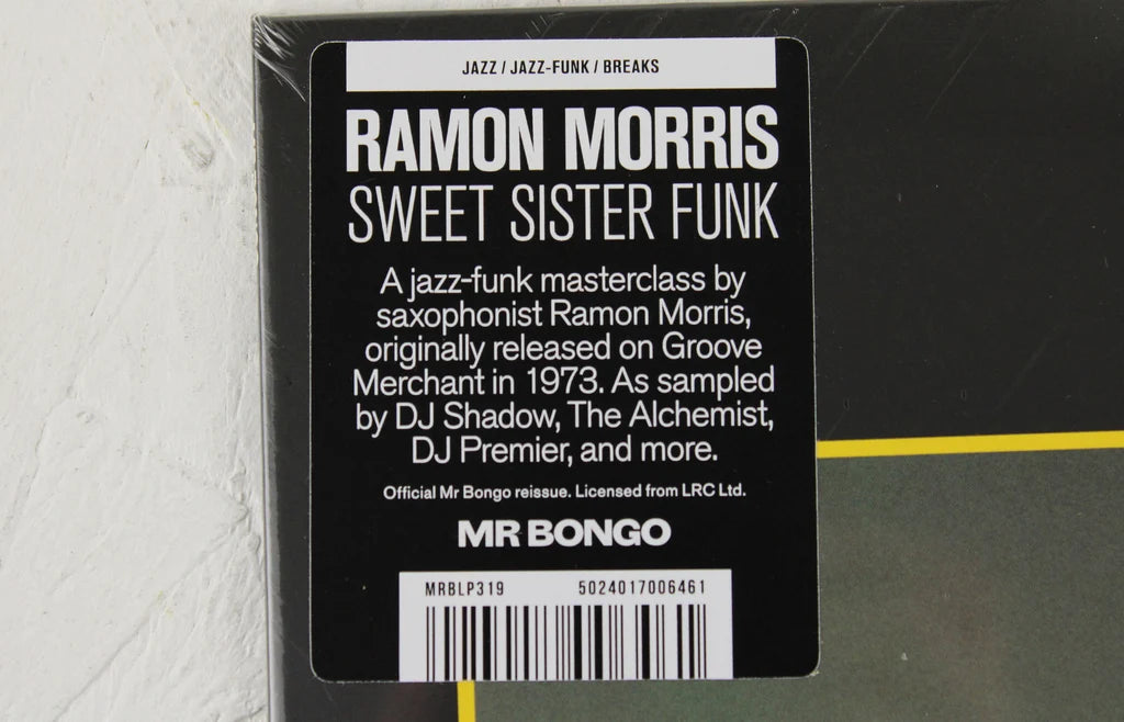 Detalle de la portada del vinilo Ramon Morris – Sweet Sister Funk: etiqueta de Mr Bongo con catálogo MRBLP319.