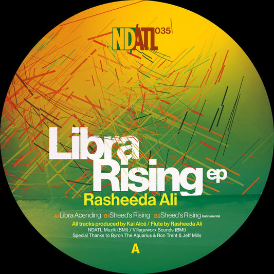 Etiqueta A del vinilo Rasheeda Ali – Libra Rising EP en NDATL Muzik, con arte abstracto verde-amarillo y créditos de pistas claramente visibles.