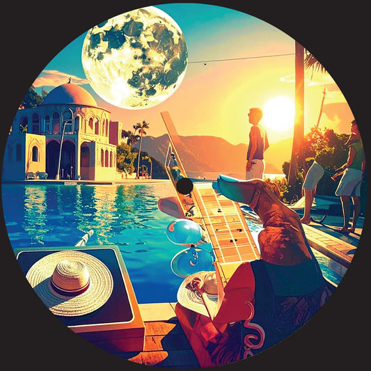 Etiqueta central del lado A del vinilo Red Rack'Em – Secret Banger en formato 12" del sello Bergerac, con diseño veraniego y arte psicodélico junto a piscina bajo una luna llena brillante.