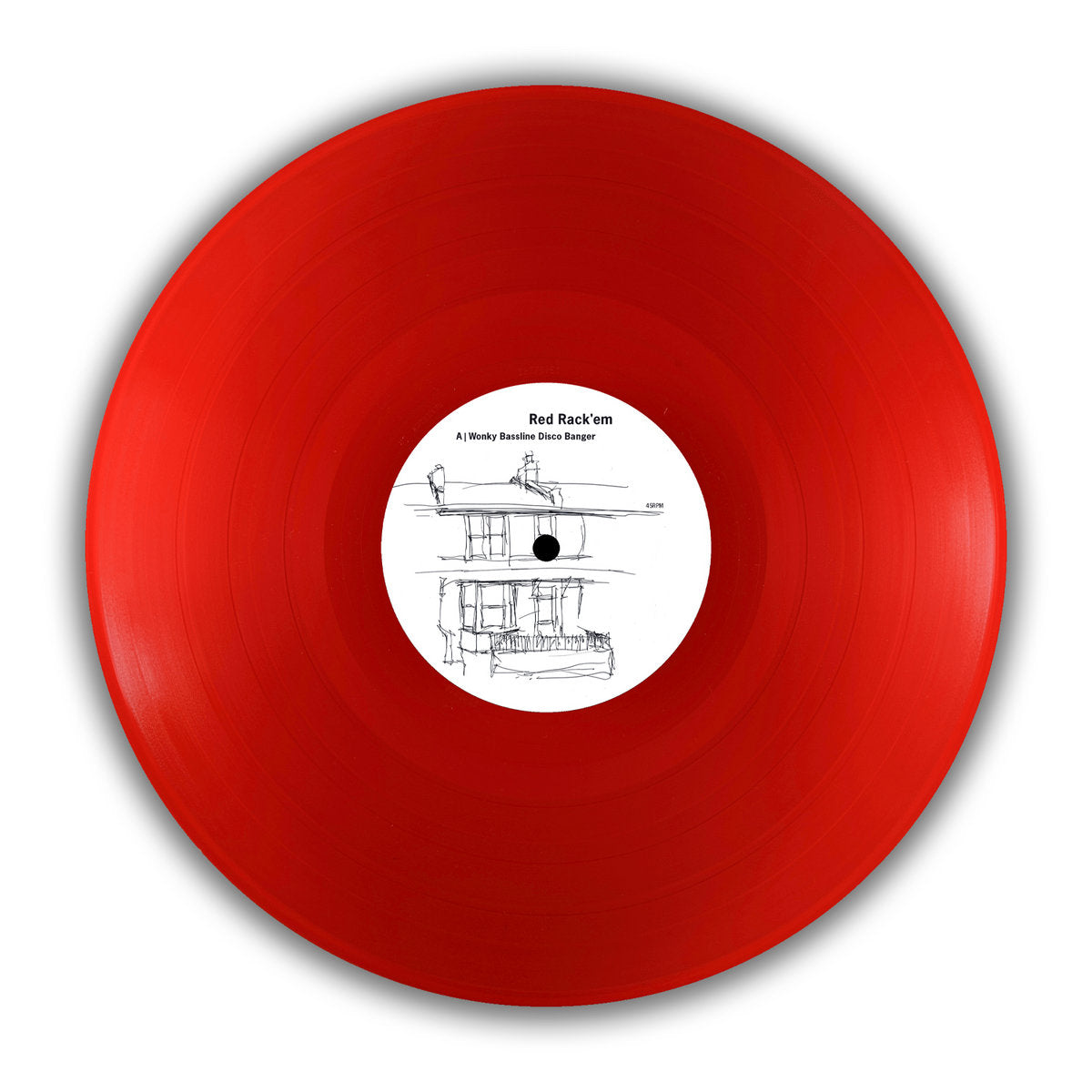 Vinilo rojo 12" de Red Rack'em – Wonky Bassline Disco Banger (10 Year Anniversary Edition), reimpresión Bergerac con etiqueta central ilustrada.