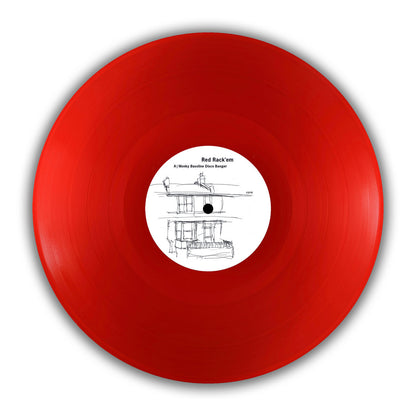 Vinilo rojo 12" de Red Rack'em – Wonky Bassline Disco Banger (10 Year Anniversary Edition), reimpresión Bergerac con etiqueta central ilustrada.