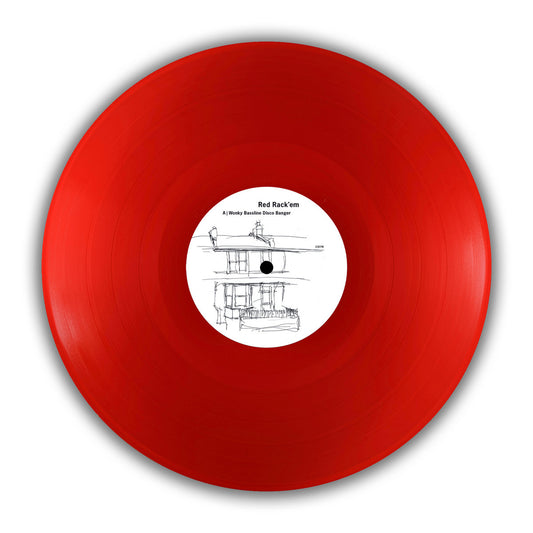 Vinilo rojo 12" de Red Rack'em – Wonky Bassline Disco Banger (10 Year Anniversary Edition), reimpresión Bergerac con etiqueta central ilustrada.