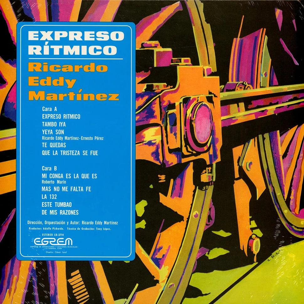 Contraportada del vinilo Ricardo Eddy Martinez – Expreso Rítmico, con pistas y créditos sobre un recuadro azul.