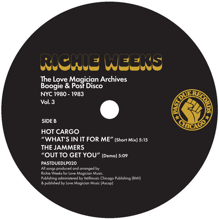 Lado B del vinilo Richie Weeks – The Love Magician Archives Boogie & Post Disco NYC 1980-1983 Vol. 3 con títulos y tiempos impresos.