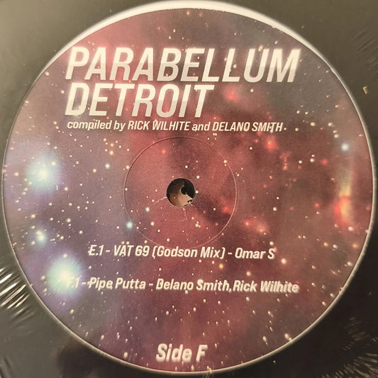 Lado F del vinilo Rick Wilhite & Delano Smith – Parabellum Detroit, label cósmico con créditos, pistas E1/E2 visibles