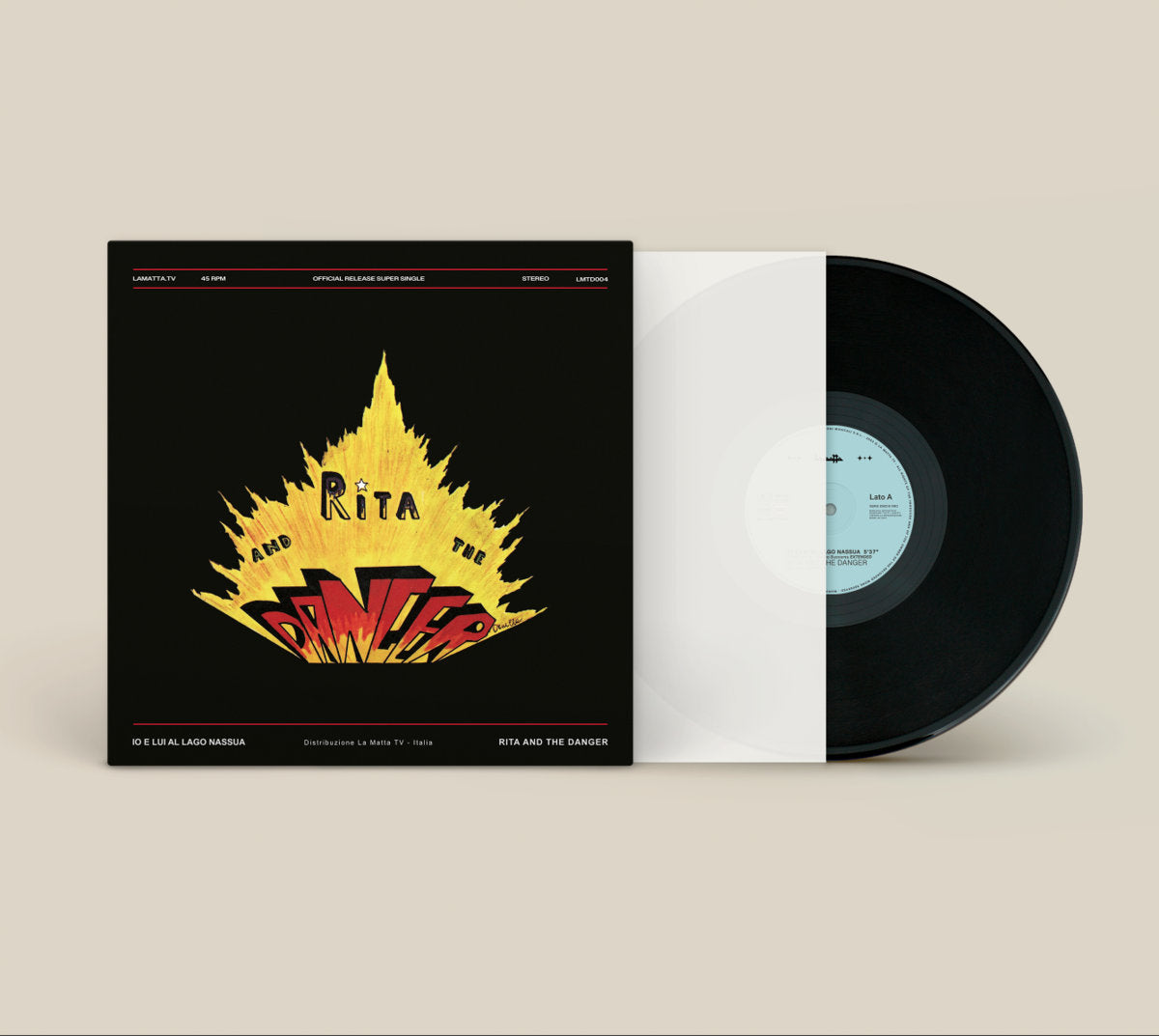 Vinilo Rita And The Danger – Io E Lui Al Lago Nassua parcialmente fuera de funda blanca, etiqueta central visible con datos de pistas, reedición 12".