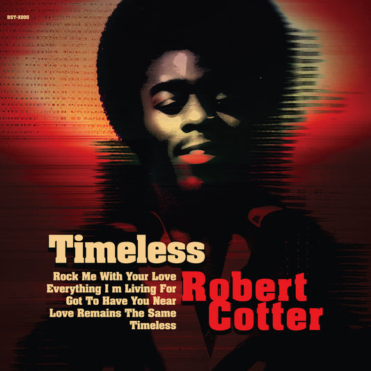 Portada de vinilo Robert Cotter – Timeless, retrato afro con efecto glitch en tonos rojos y tipografía bold, reedición LP roja.